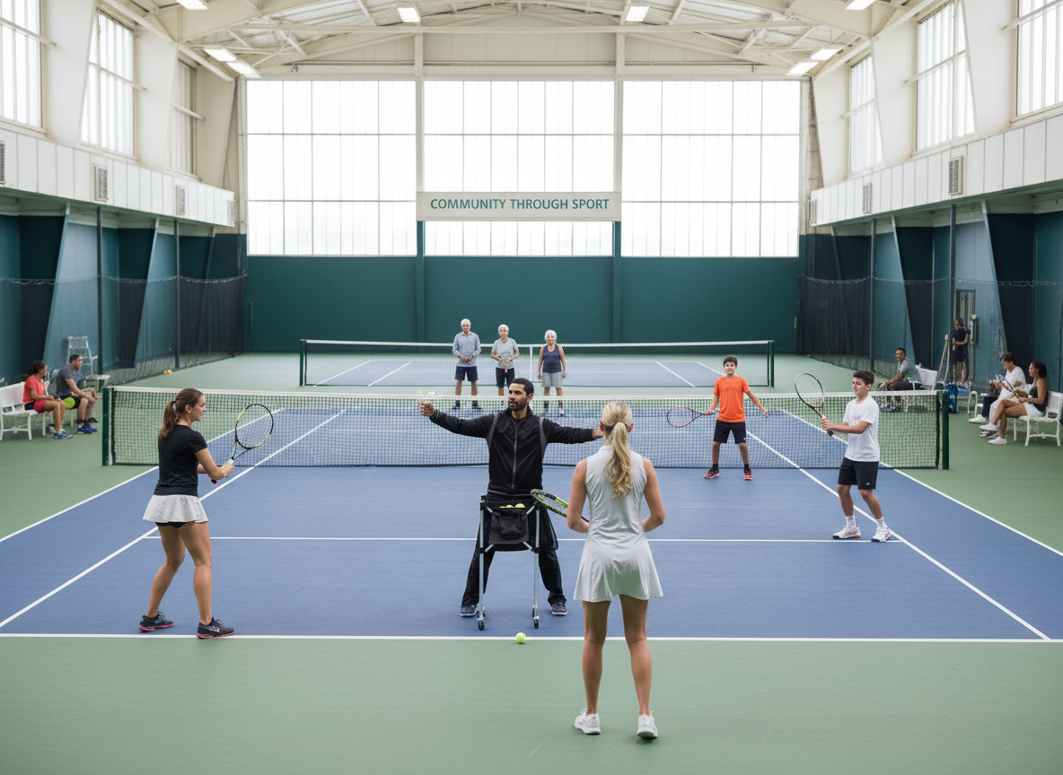 Athlos Tennis community building on court